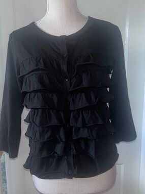 Womens Loft Black Ruffle Button-Front knit lightweight top size small